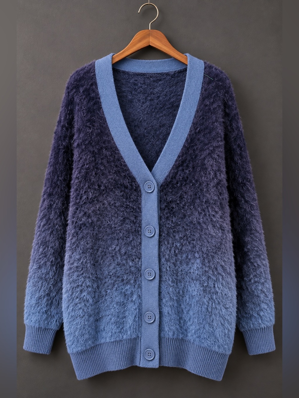 Blue Ombré Fuzzy Cardigan —